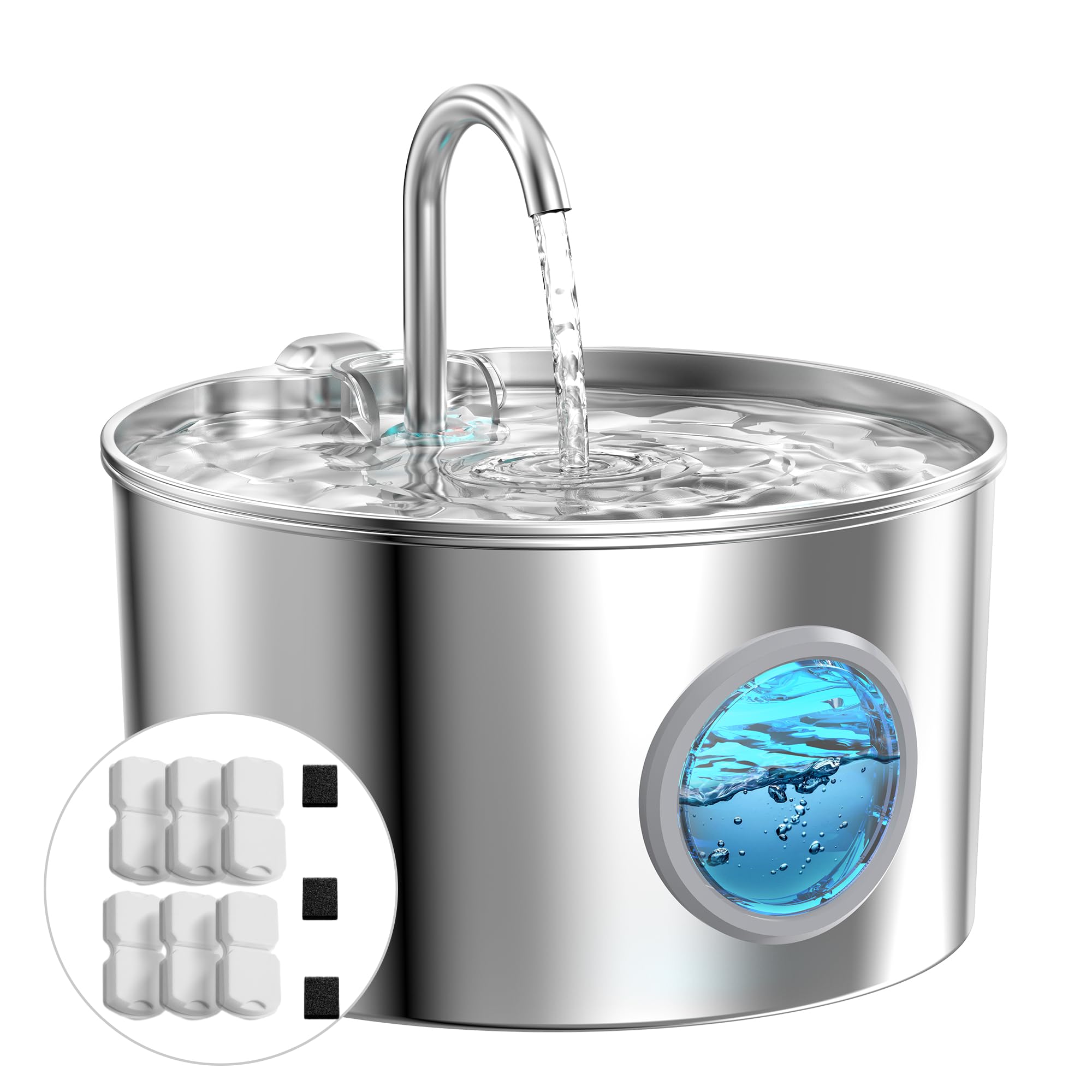 Ernovi Cat Fountains for Drinking Stainless Steel – 2.2L + 6-Filter Starter Pack