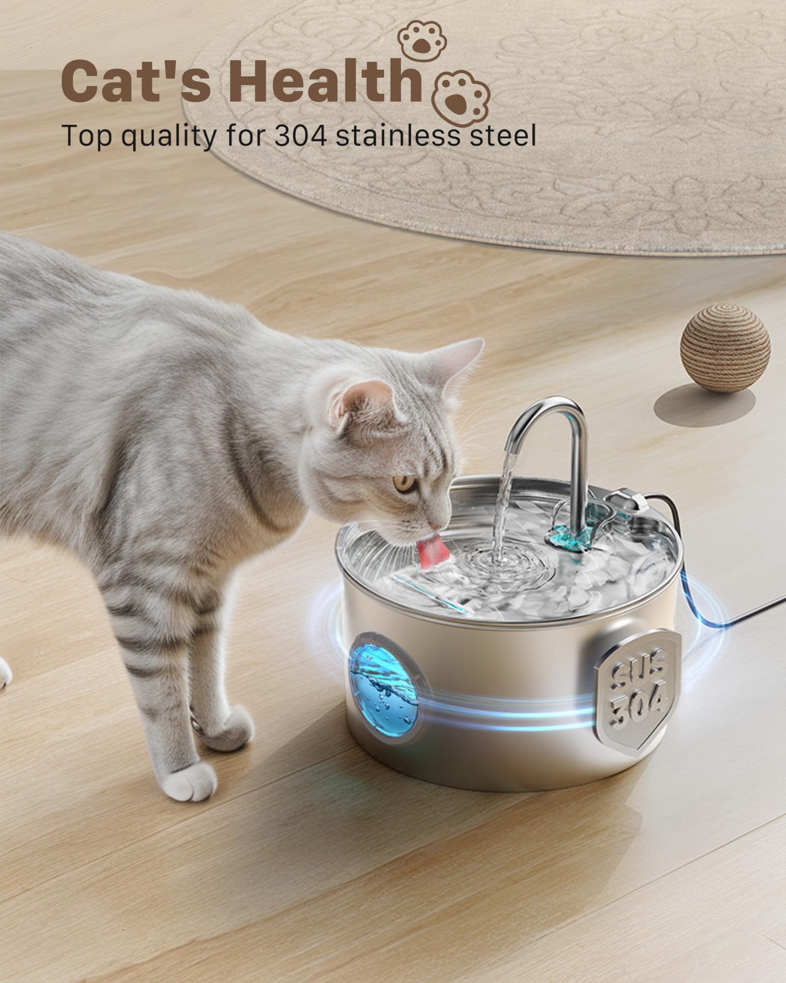 Ernovi Cat Fountains for Drinking Stainless Steel – 2.2L + 6-Filter Starter Pack